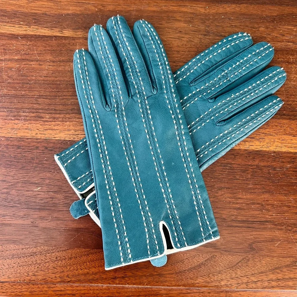 Vintage Teal Leather Gloves With White Saddle-Style Stitching Womens L XL Retro